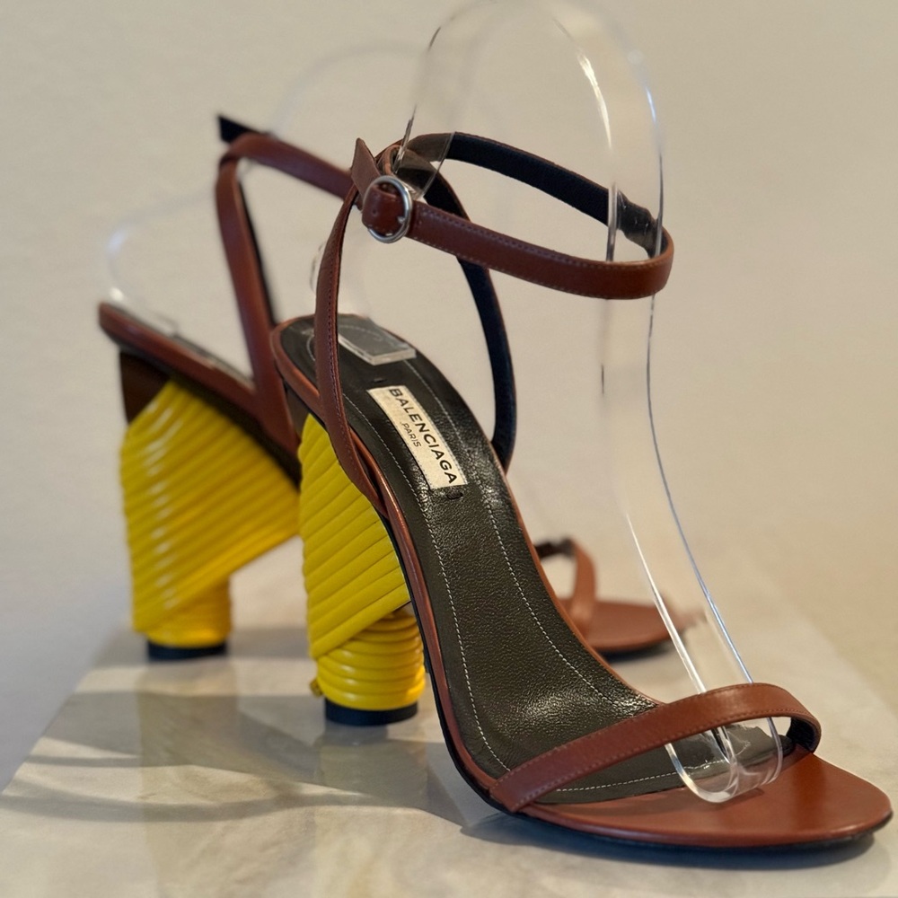 Balenciaga Brown and Yellow Strappy Heels